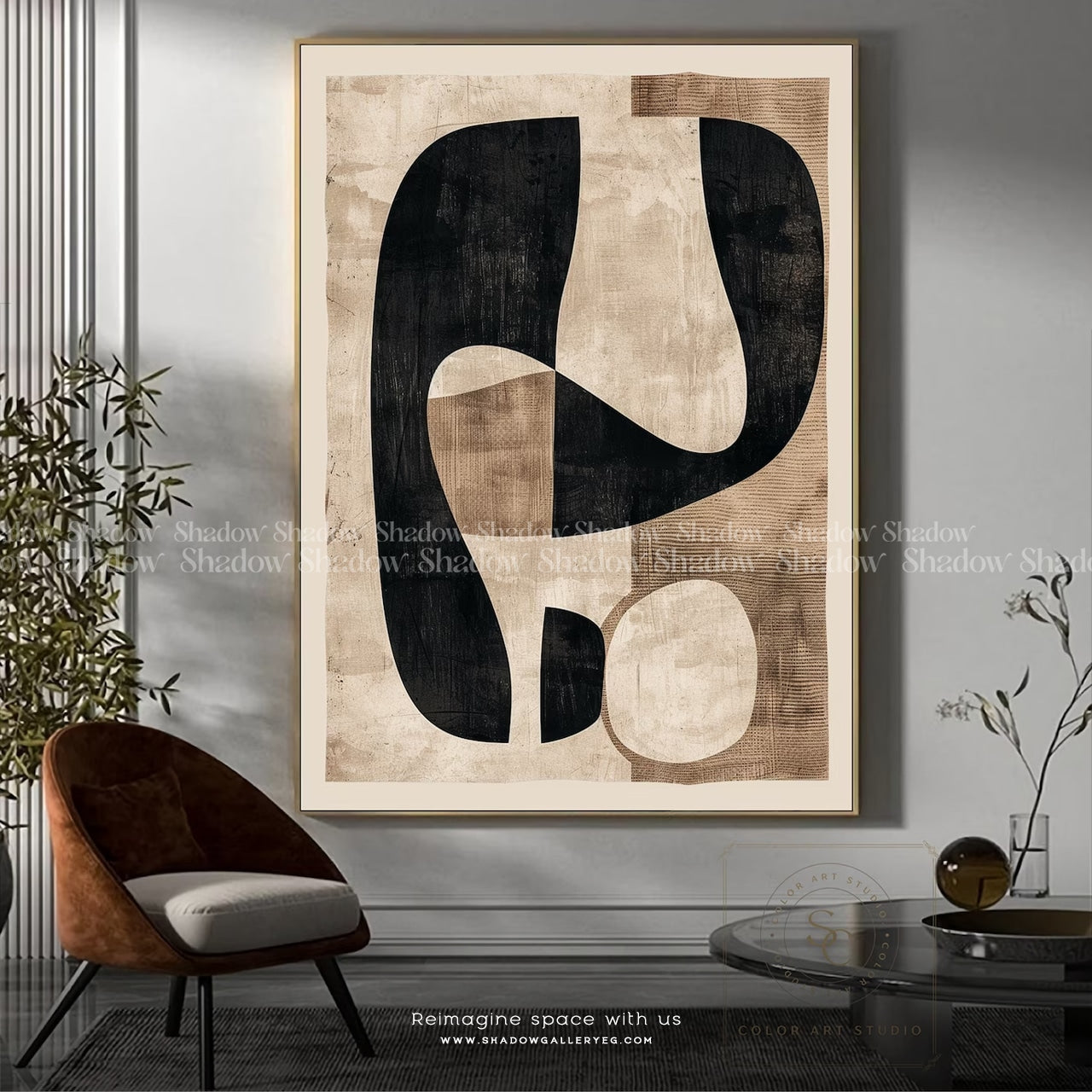 Large Beige Boho Painting Neutral Color – styled in a modern room setting