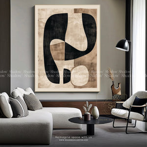 Large Beige Boho Painting Neutral Color – close-up detail of frame and canvas texture