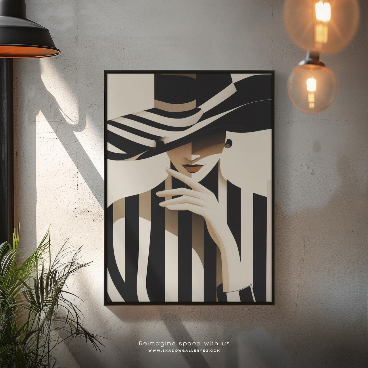 Elegant Woman in Striped Hat Canvas Wall Art – styled in a modern room setting