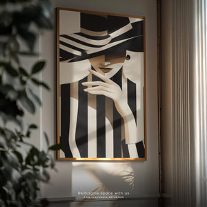 Elegant Woman in Striped Hat Canvas Wall Art – premium framed canvas wall art