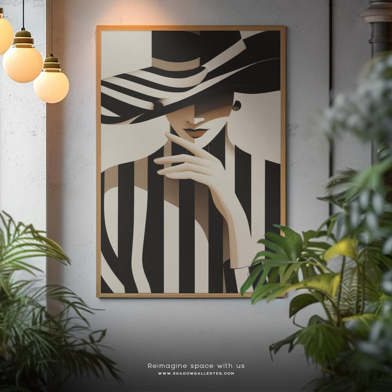 Elegant Woman in Striped Hat Canvas Wall Art – close-up detail of frame and canvas texture