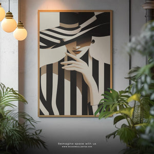 Elegant Woman in Striped Hat Canvas Wall Art – close-up detail of frame and canvas texture