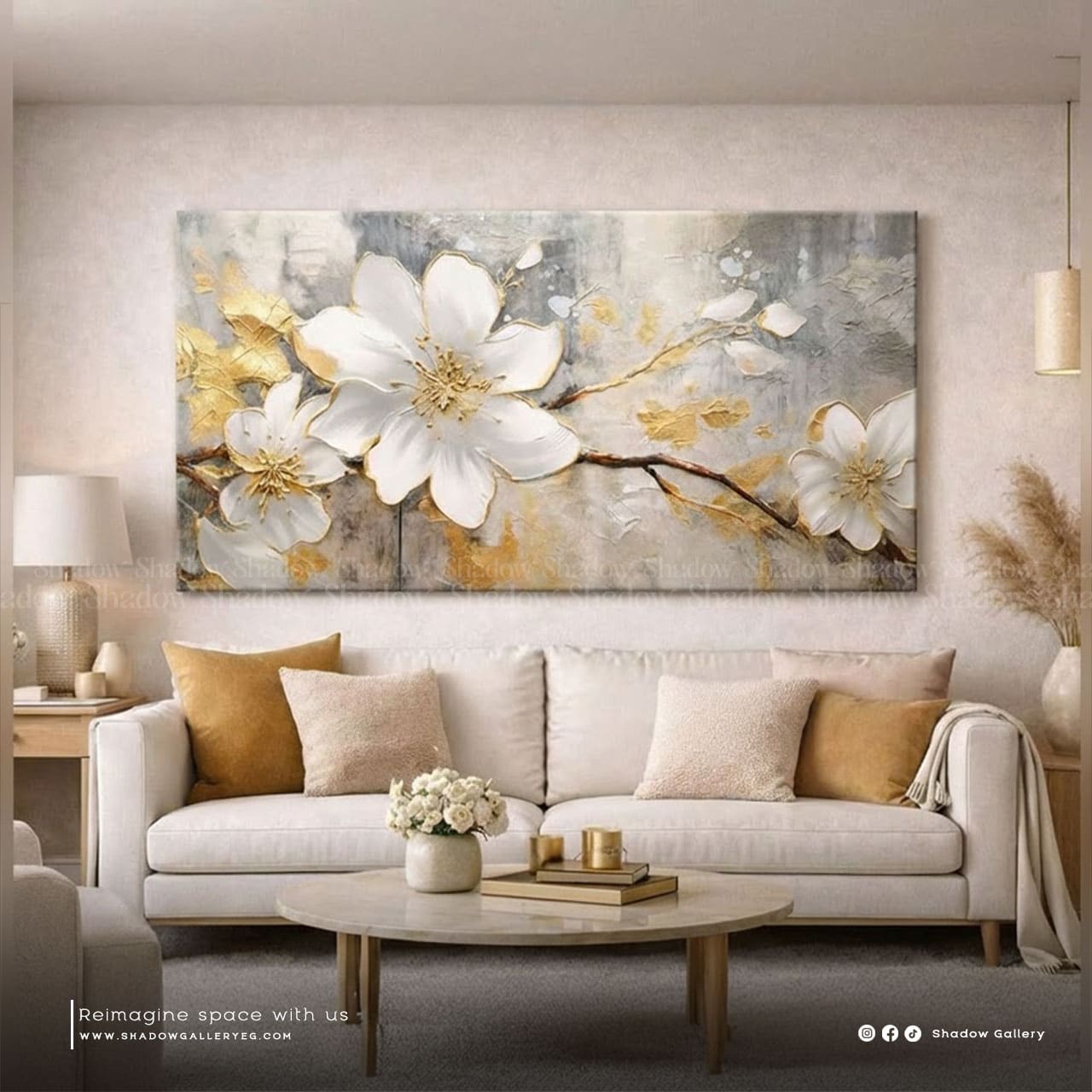 Abstract Golden Flowers Wall Art – close-up detail of frame and canvas texture