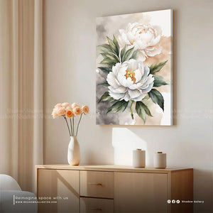 White Peony Flowers Wall Art – close-up detail of frame and canvas texture