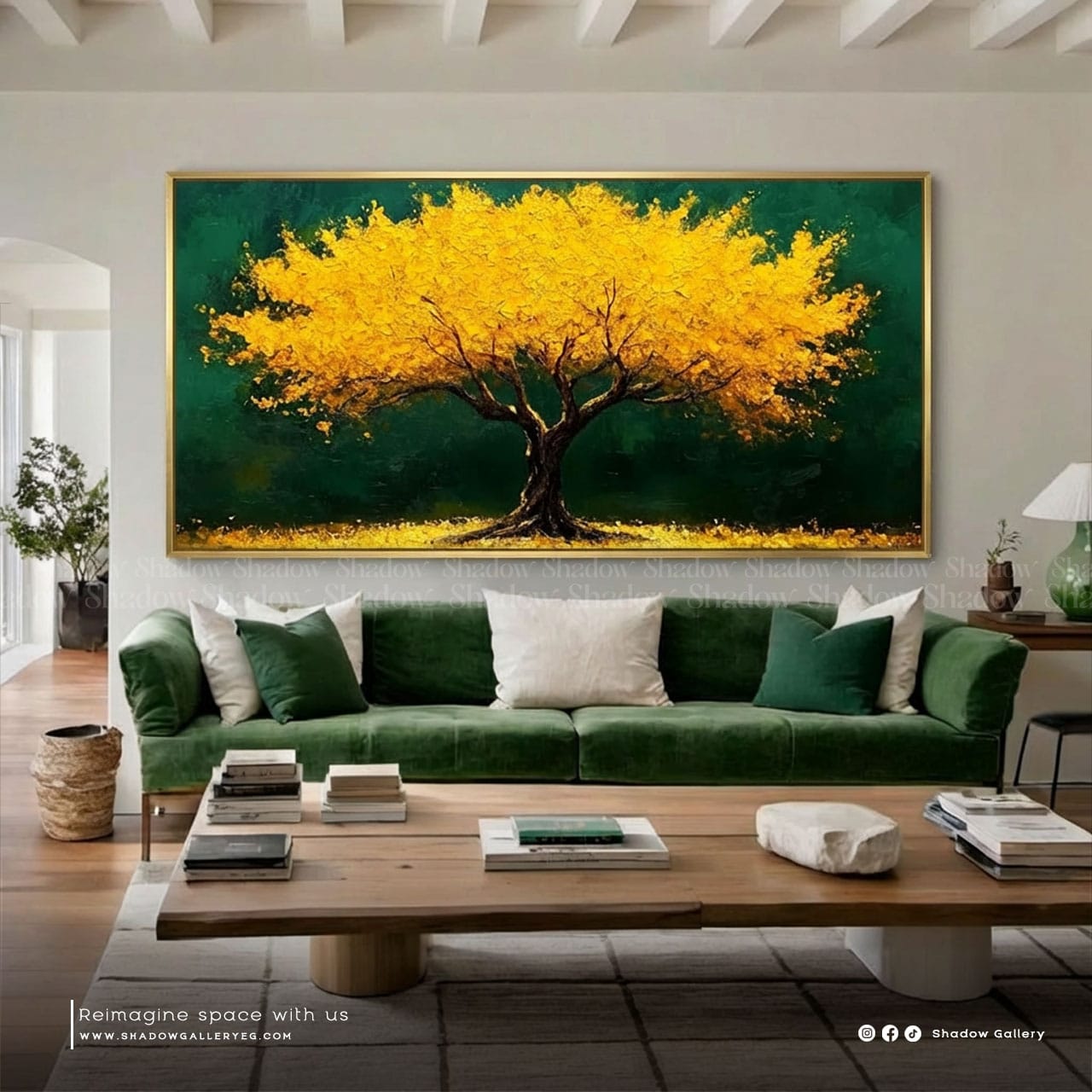 Royal Green and Gold Tree Wall Art – close-up detail of frame and canvas texture