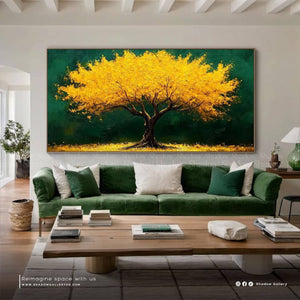 Royal Green and Gold Tree Wall Art – styled in a modern room setting