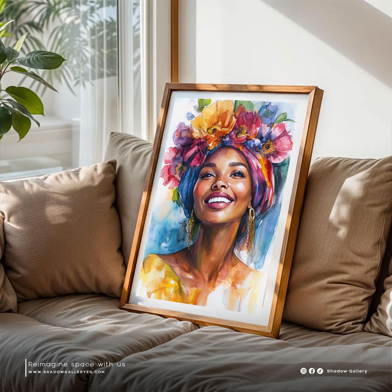 Portrait of a Smiling Colorful African Woman – premium framed canvas wall art