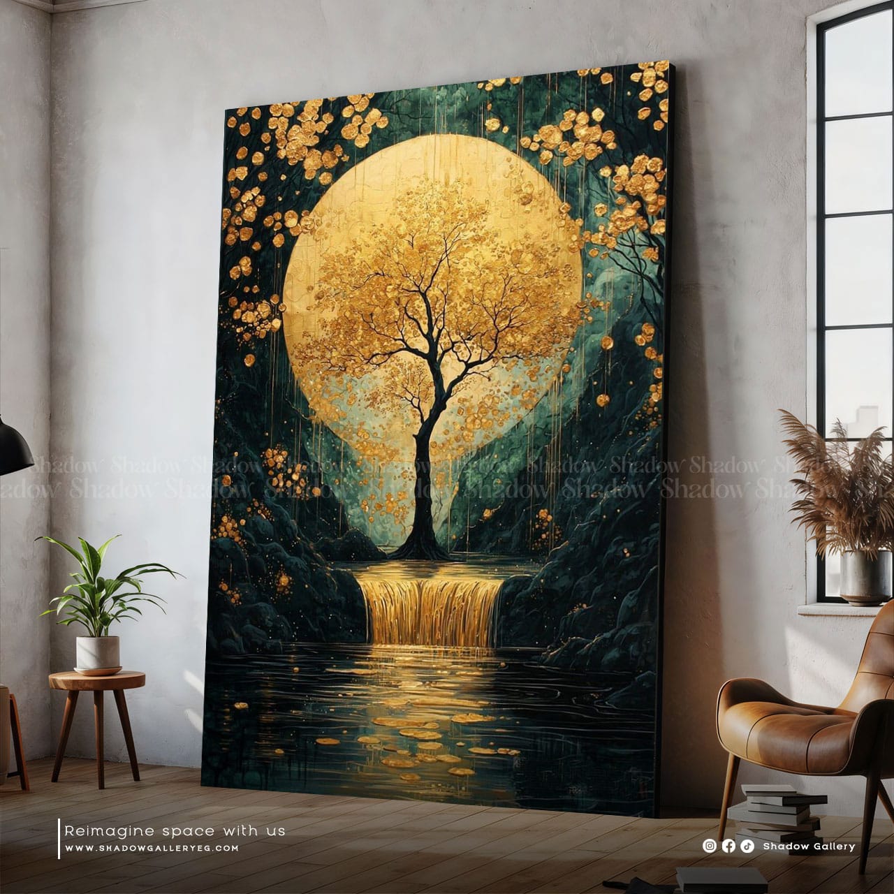 Abstract Gold and Green Moon Wall Frame – premium framed canvas wall art