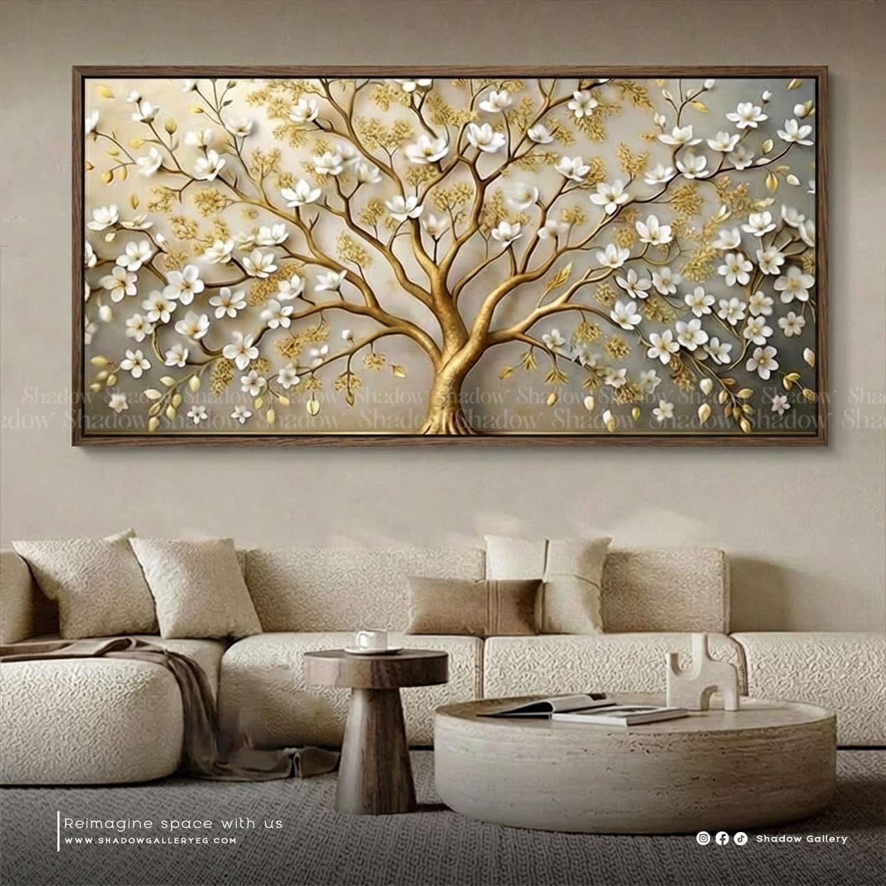 White Flower Luxury Golden Tree – styled in a modern room setting