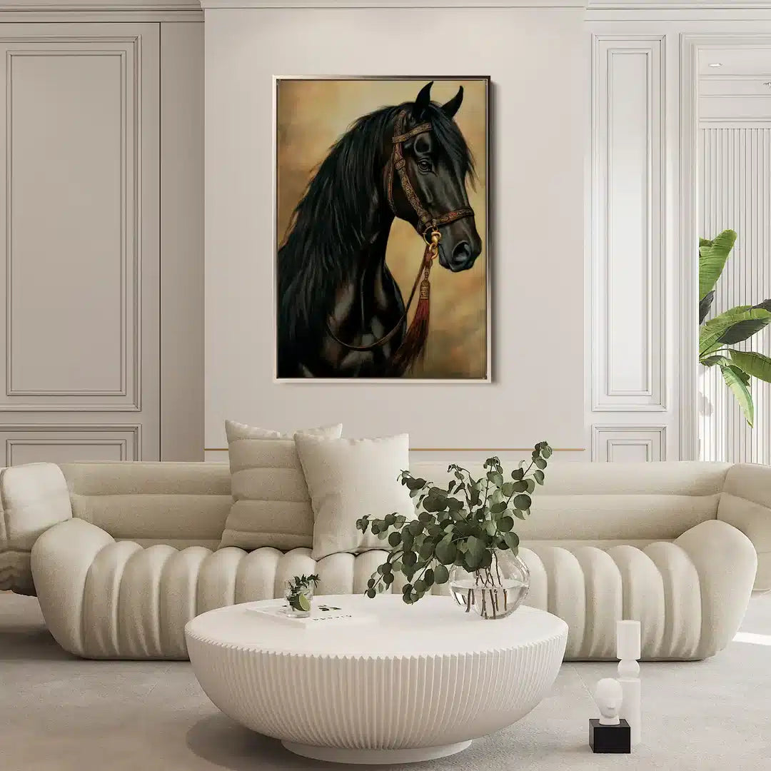 Elegant Black Horse Portrait Canvas Wall Art – close-up detail of frame and canvas texture