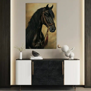 Elegant Black Horse Portrait Canvas Wall Art – styled in a modern room setting