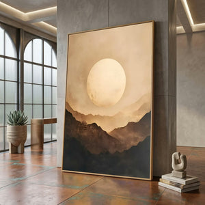 The sunrise mountains canvas leaning in a loft with arched windows