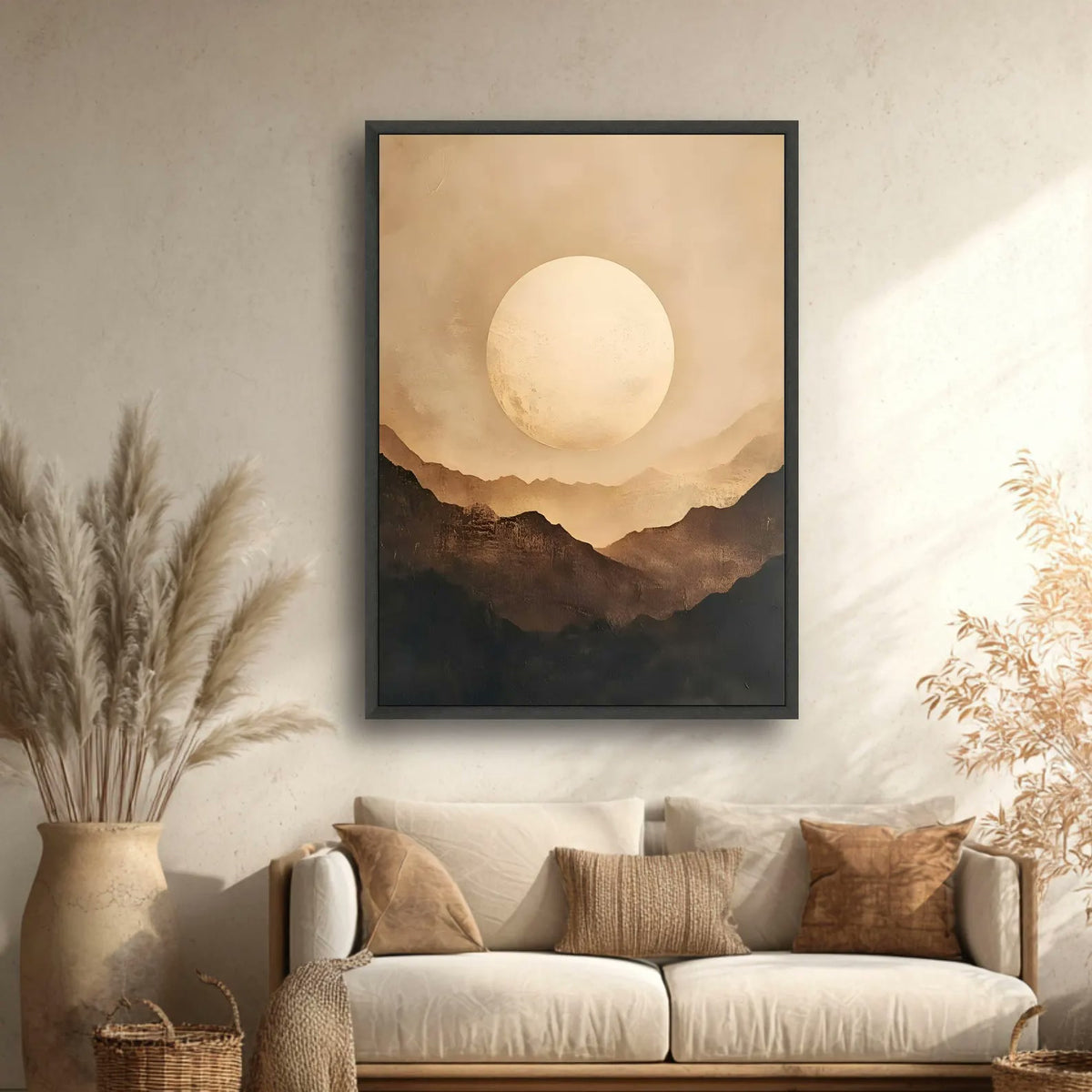 The sunrise mountains canvas above a beige sofa with pampas grass