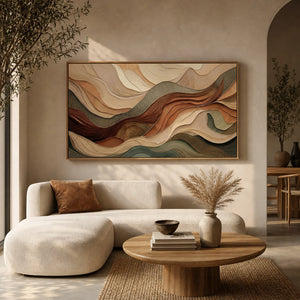 The earth-tone landscape canvas above a curved cream sofa