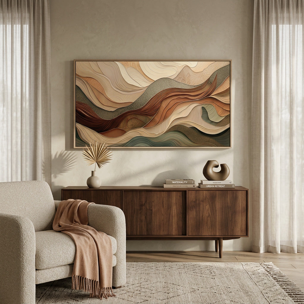 The earth-tone landscape canvas above a walnut sideboard and a boucle armchair