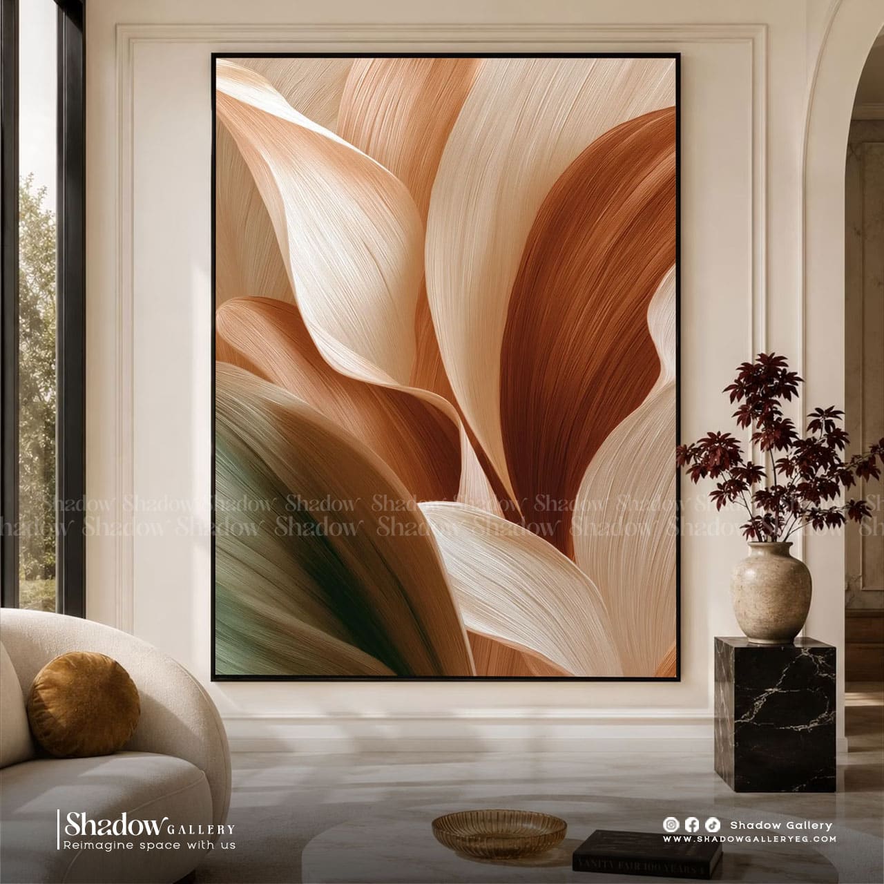 Abstract Textured Botanical Canvas Art – styled in a modern room setting