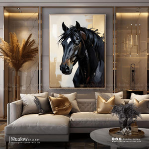 Abstract Black Horse Portrait Canvas Art – styled in a modern room setting