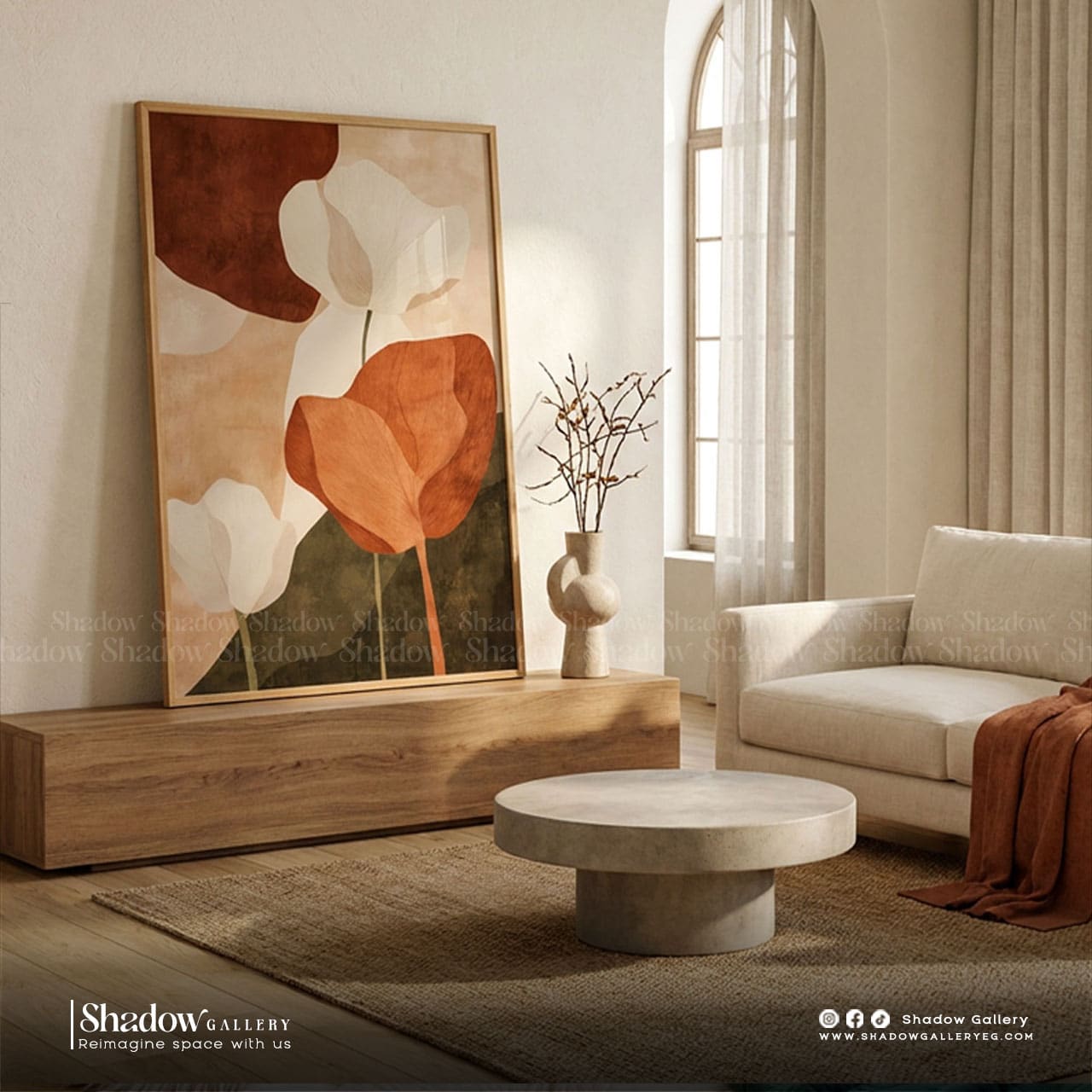 Modern Abstract Terracotta Floral Canvas Wall Art – close-up detail of frame and canvas texture