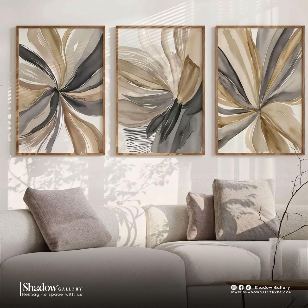 Neutral Abstract Triptych Wall Art (3-Piece Set) – styled in a modern room setting