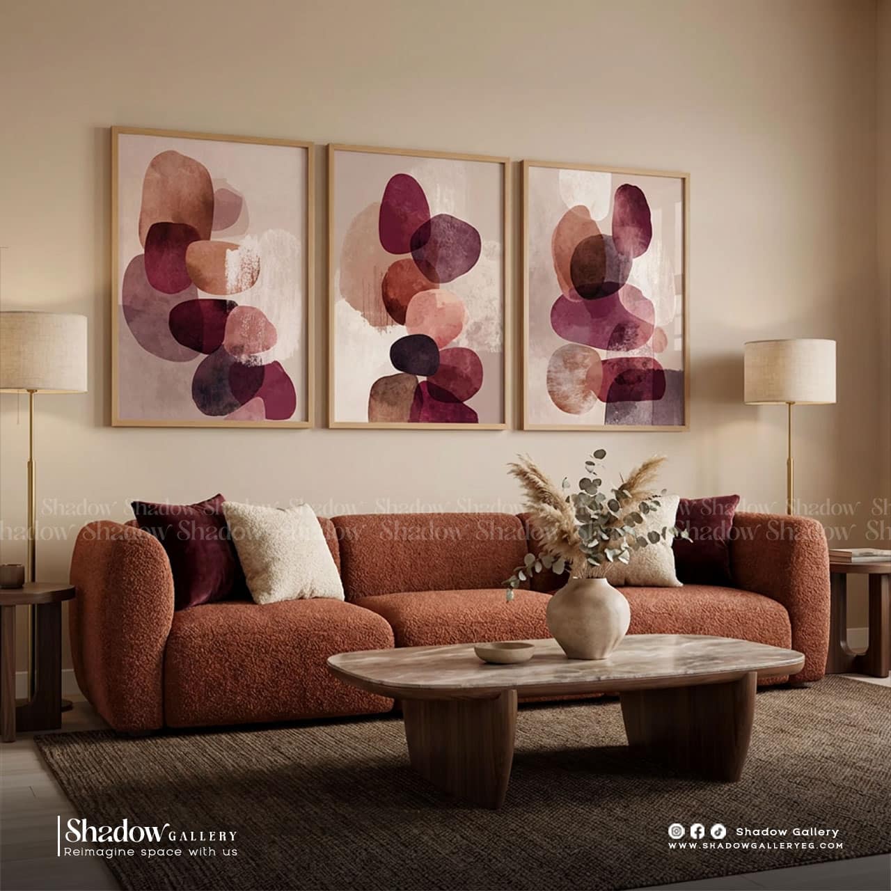 Abstract Burgundy Triptych Wall Art (3-Piece Set) – styled in a modern room setting