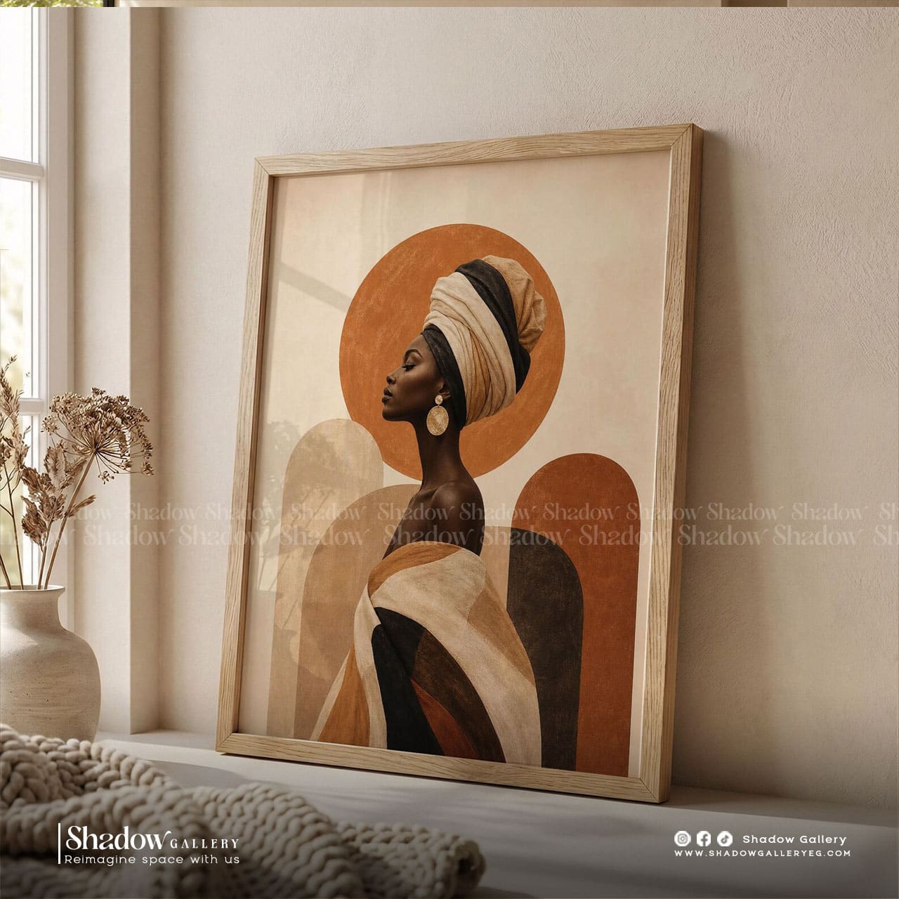 Afrocentric Black Woman Headwrap Canvas Art – styled in a modern room setting