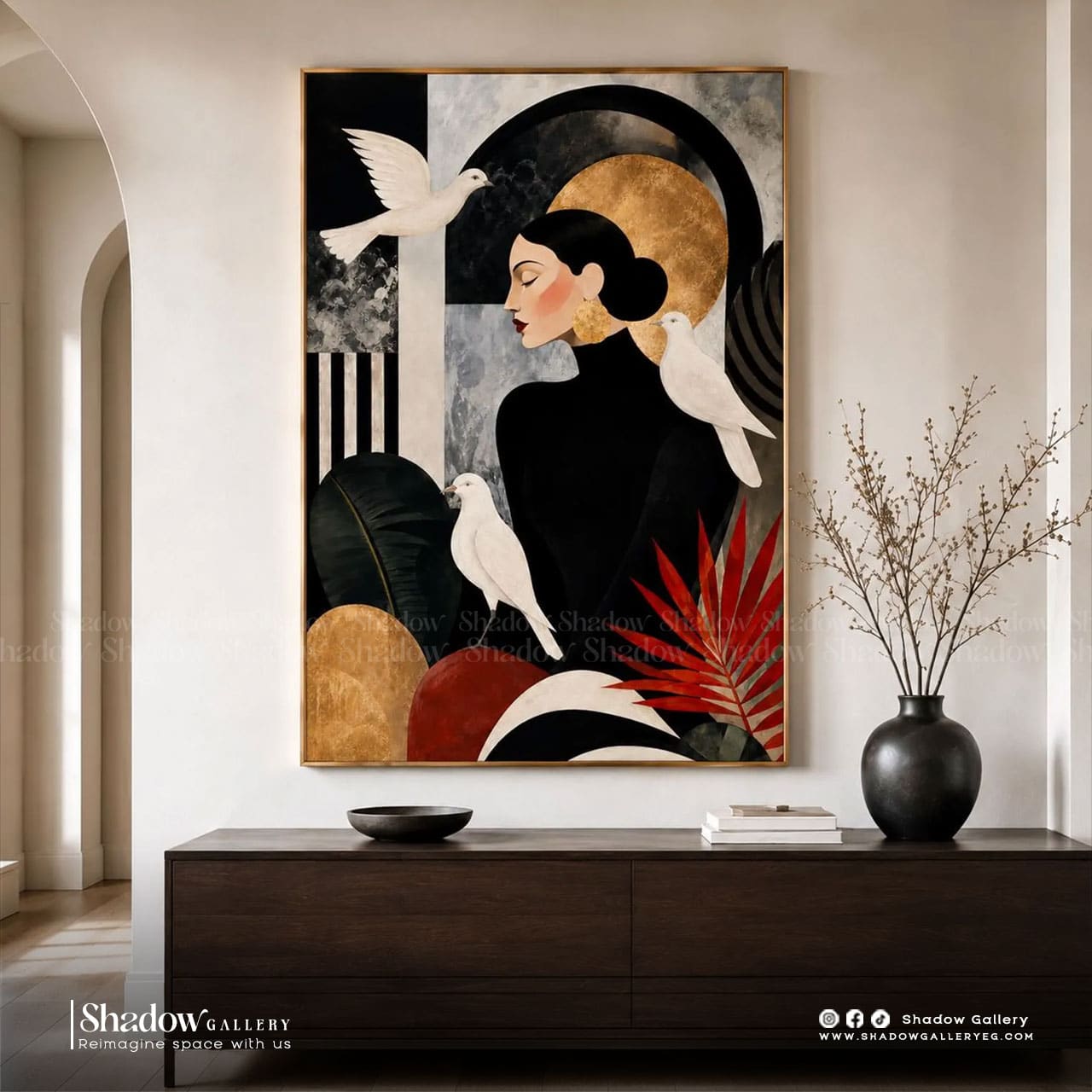 Art Deco Woman Portrait Wall Art, Black Gold Abstract Bird – styled in a modern room setting