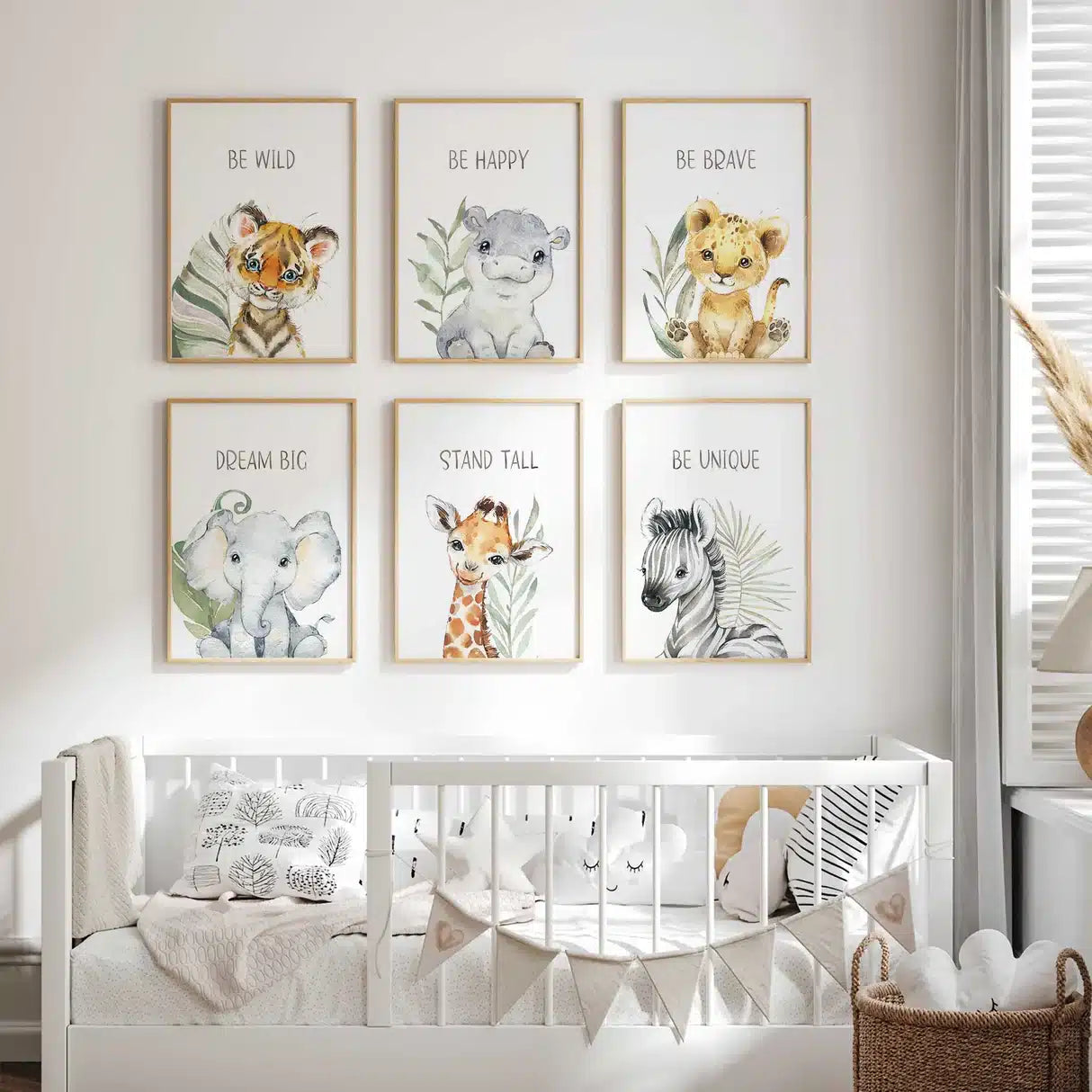 Safari Animal Wall Art Set Six Frames – styled in a modern room setting