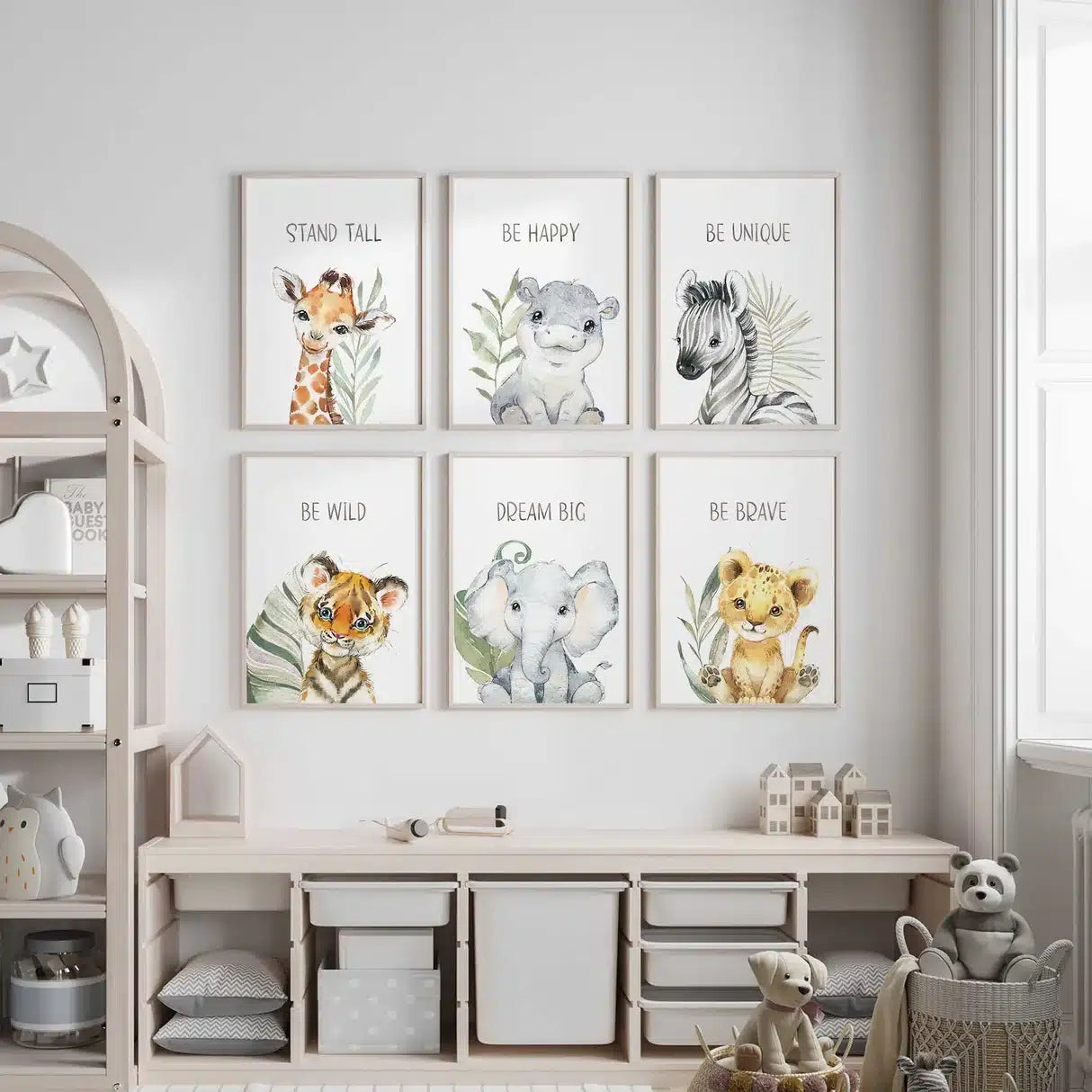 Safari Animal Wall Art Set Six Frames – styled in a modern room setting
