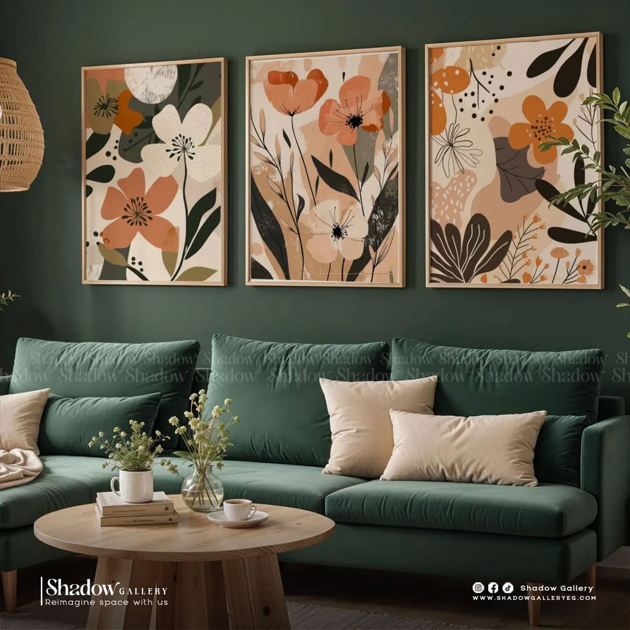 Boho Botanical Triptych Wall Art (3-Piece Set) – styled in a modern room setting