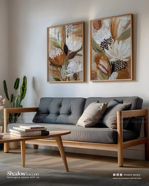 Earthy Botanical Diptych - Set of 2 Large Protea Wall Art Prints – close-up detail of frame and canvas texture