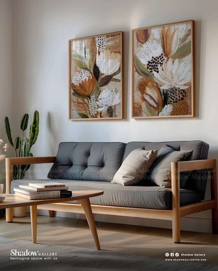 Earthy Botanical Diptych - Set of 2 Large Protea Wall Art Prints – close-up detail of frame and canvas texture