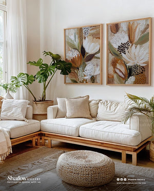 Earthy Botanical Diptych - Set of 2 Large Protea Wall Art Prints – styled in a modern room setting