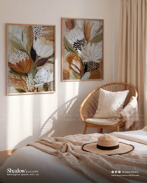 Earthy Botanical Diptych - Set of 2 Large Protea Wall Art Prints – styled in a modern room setting