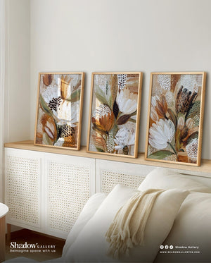 The Earthy Botanical Triptych - Set of 3 Abstract Floral – close-up detail of frame and canvas texture