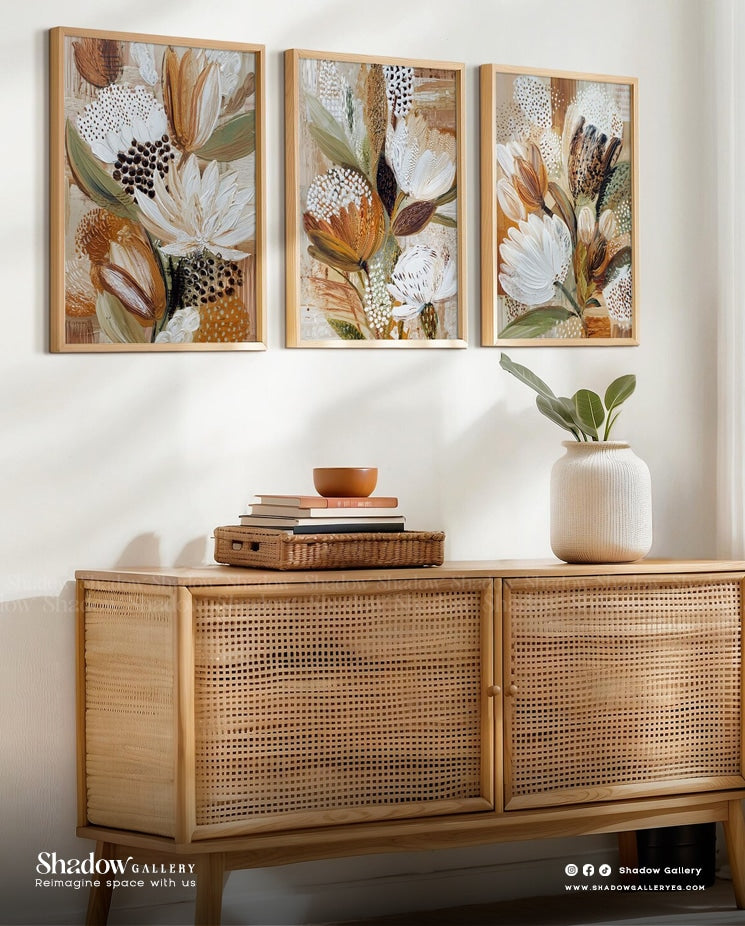 The Earthy Botanical Triptych - Set of 3 Abstract Floral – styled in a modern room setting