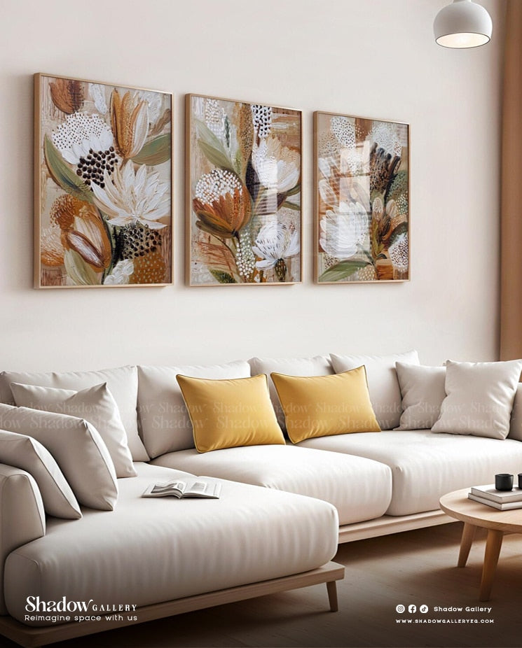 The Earthy Botanical Triptych - Set of 3 Abstract Floral – styled in a modern room setting