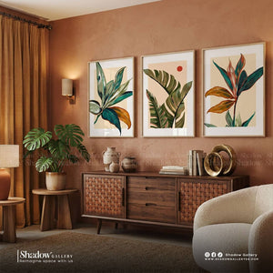 Colorful Tropical Leaves Wall Art (3-Piece Set) – styled in a modern room setting