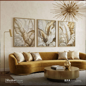 Gold Banana Leaves Triptych Wall Art Set – close-up detail of frame and canvas texture