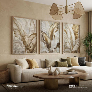 Gold Banana Leaves Triptych Wall Art Set – styled in a modern room setting