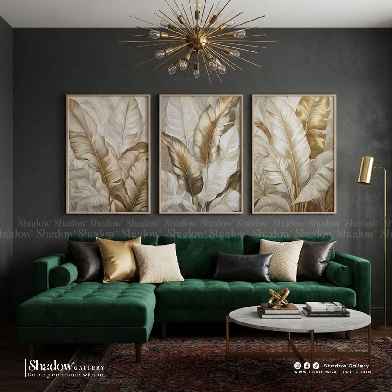 Gold Banana Leaves Triptych Wall Art Set – styled in a modern room setting