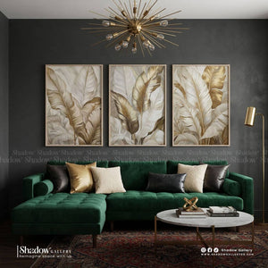 Gold Banana Leaves Triptych Wall Art Set – styled in a modern room setting