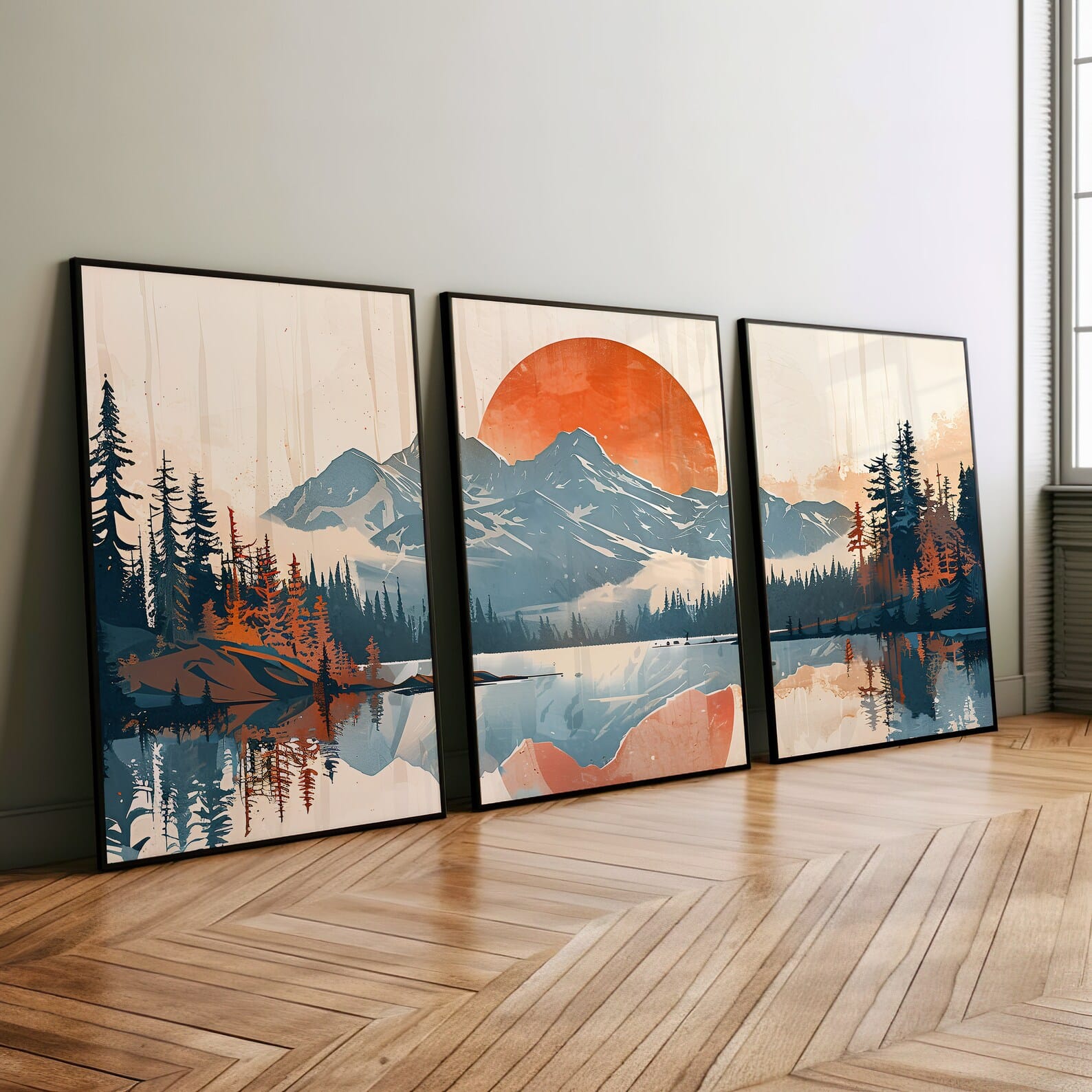 Mountain Landscape Lake Sun 3 Piece Set – close-up detail of frame and canvas texture