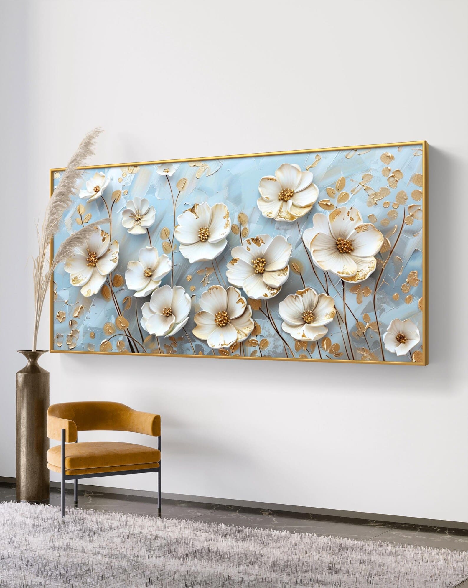 Elegant Blossoms: White Flowers on Blue Canvas – close-up detail of frame and canvas texture
