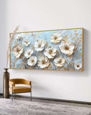Elegant Blossoms: White Flowers on Blue Canvas – close-up detail of frame and canvas texture
