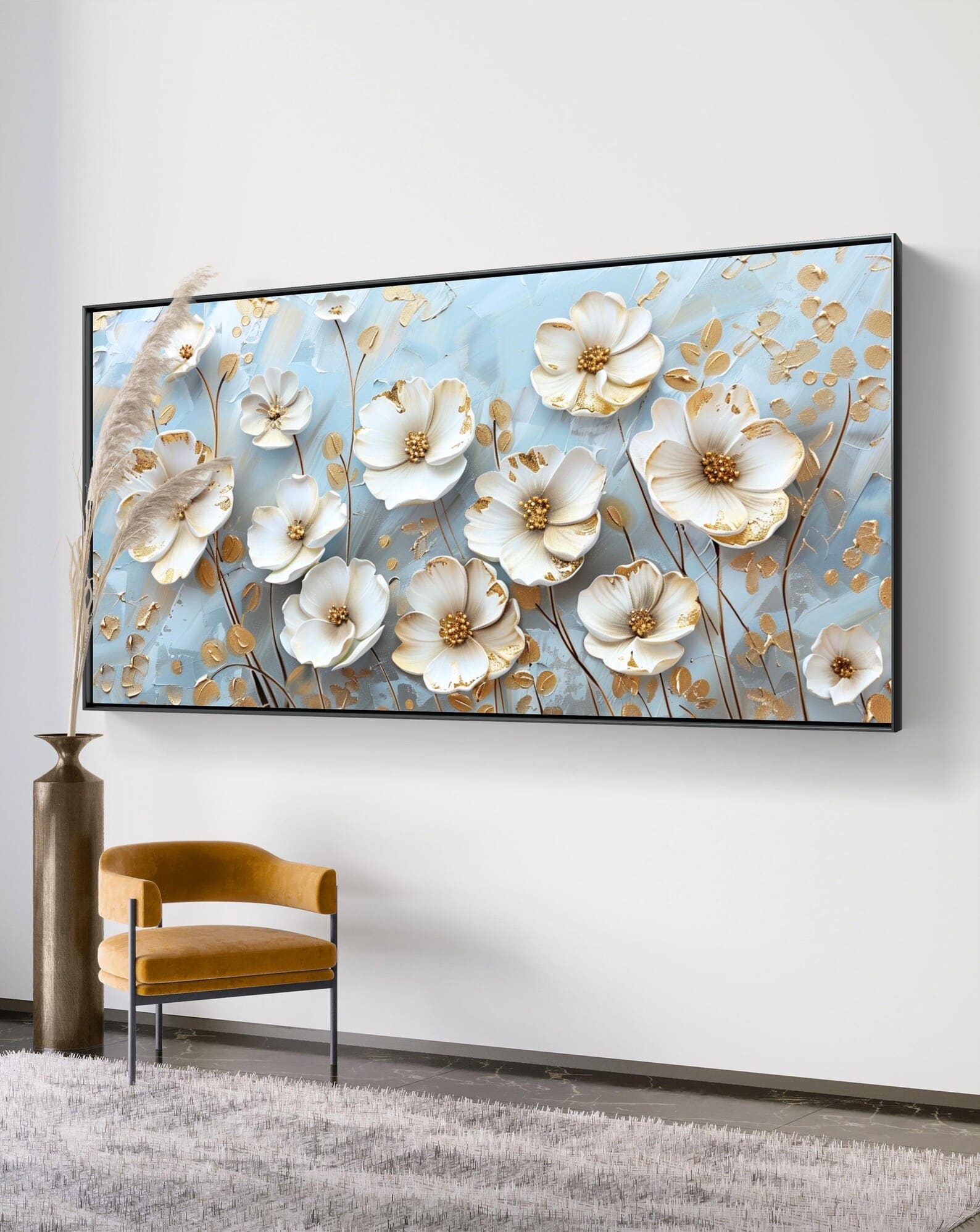 Elegant Blossoms: White Flowers on Blue Canvas – styled in a modern room setting