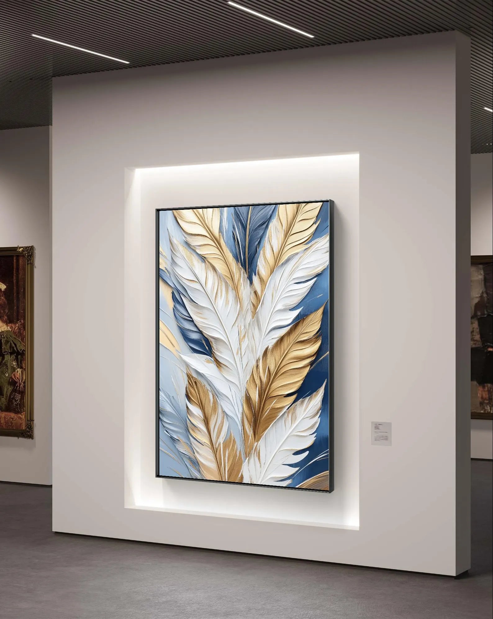 Feather Texture Wall Art: Golden Blue – close-up detail of frame and canvas texture