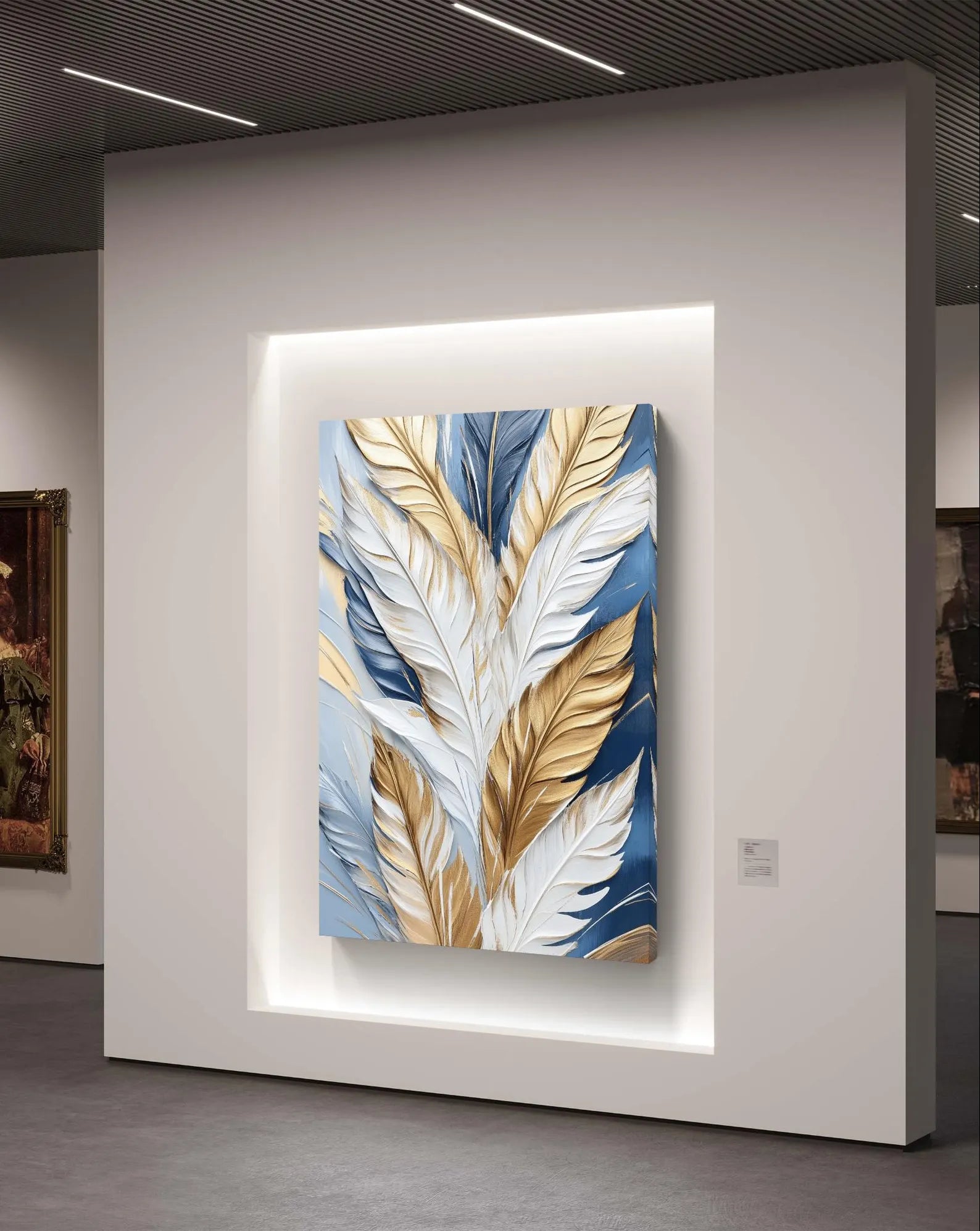 Feather Texture Wall Art: Golden Blue – styled in a modern room setting