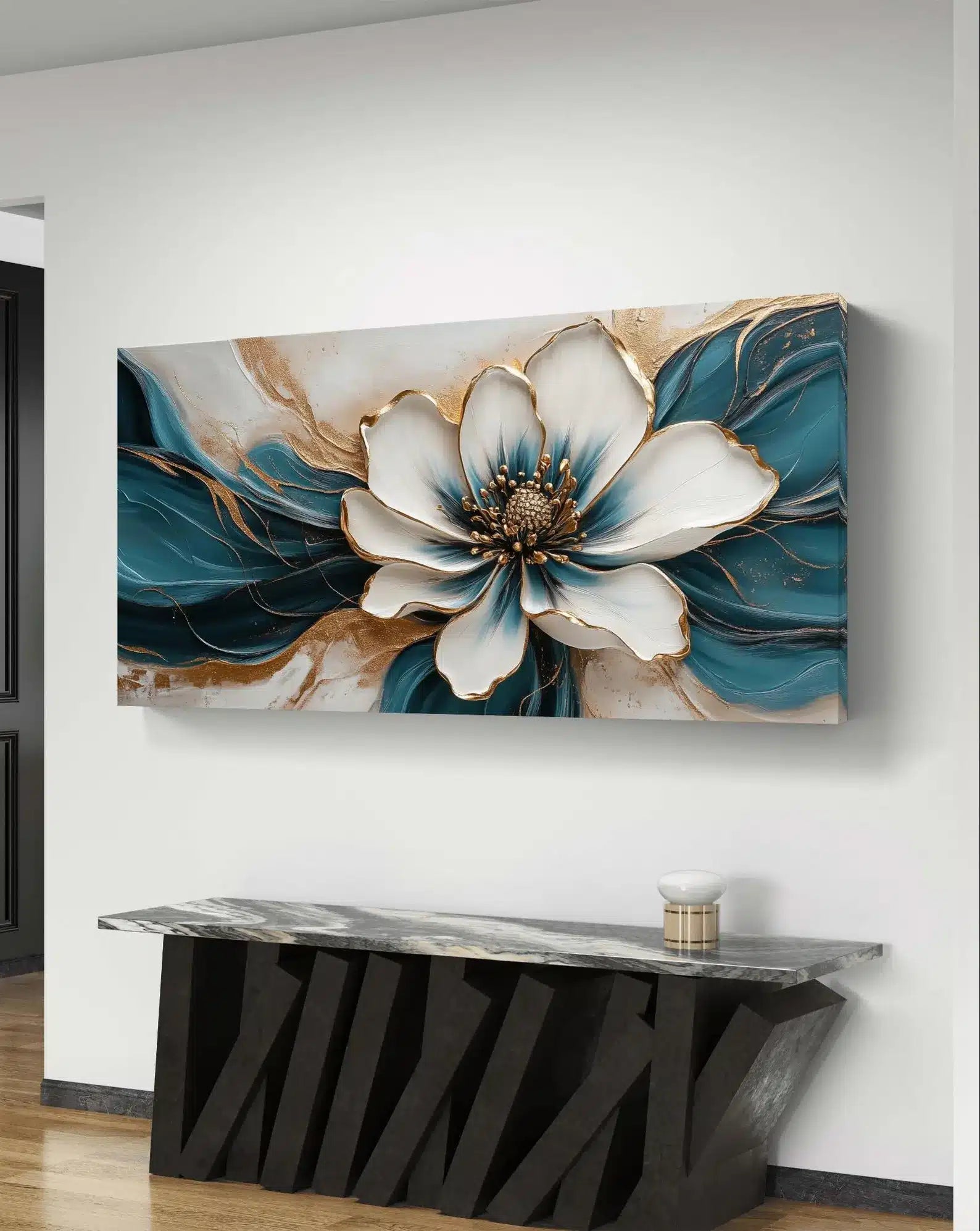 Gold and Teal Flower Art – close-up detail of frame and canvas texture