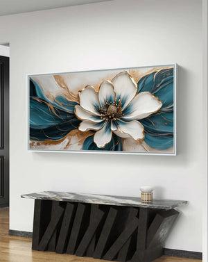Gold and Teal Flower Art – styled in a modern room setting