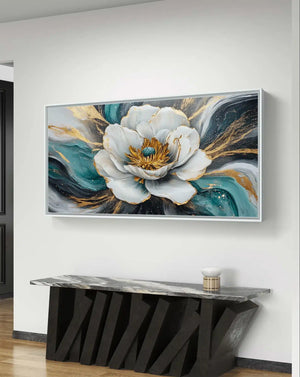 Gold and Teal Floral Art: Modern – styled in a modern room setting